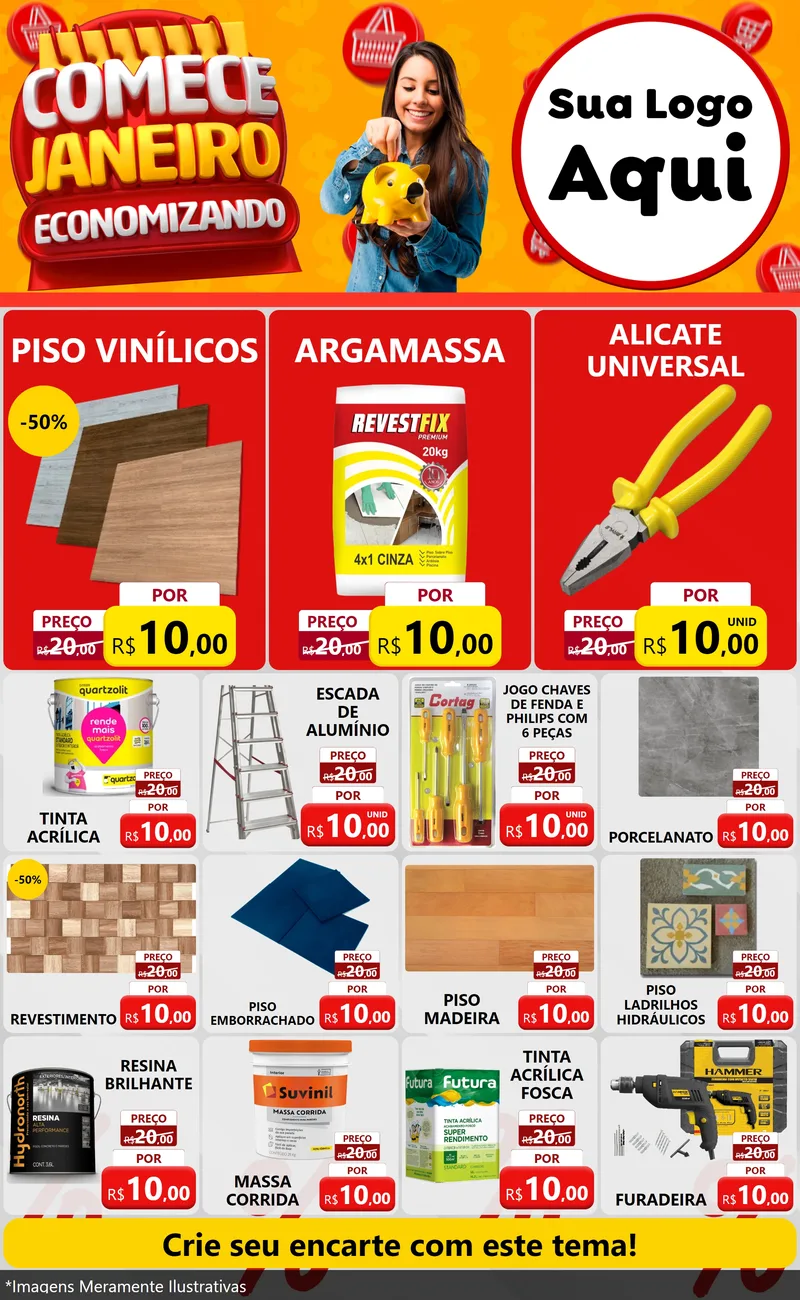 Modelo de Encarte para Encarte Grande com o tema Comece Janeiro Economizando para Material para Construção