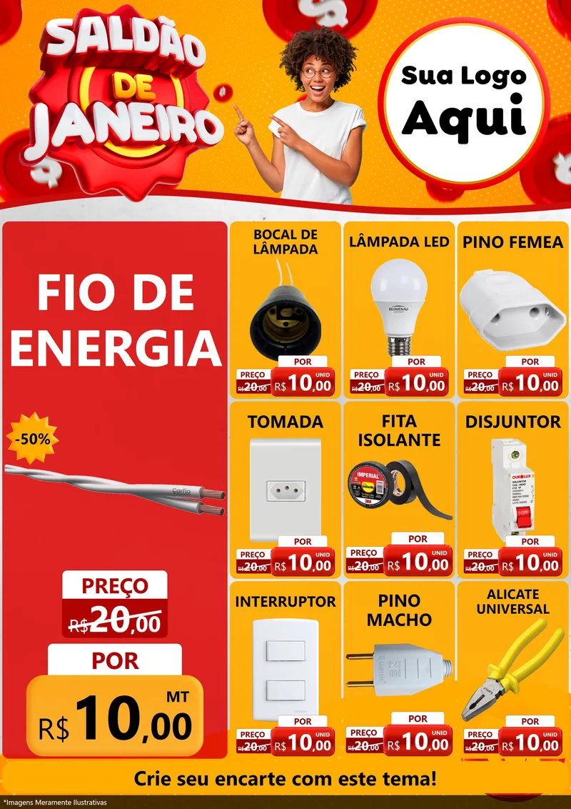 Modelo de Encarte para Encarte A4 Vertical com o tema Saldão de Janeiro para Materiais Elétricos