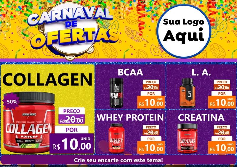 Modelo de Encarte para Encarte A4 Horizontal com o tema Carnaval de Ofertas para Suplementos alimentares