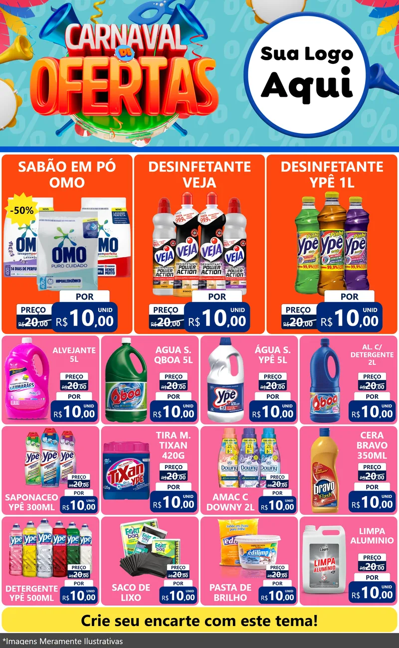 Modelo de Encarte para Encarte Grande com o tema Carnaval de Ofertas para Produtos de Limpeza