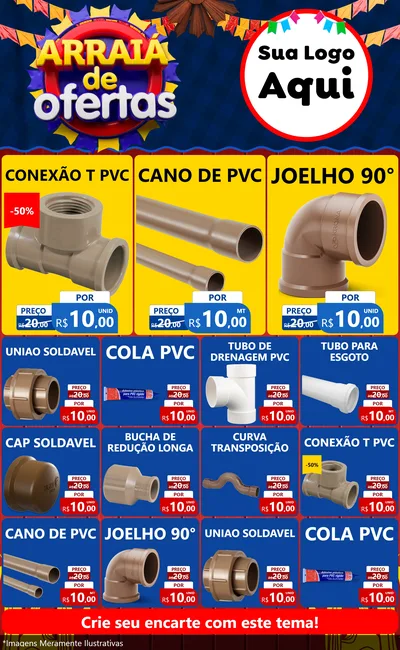 Modelo de Encarte para Encarte Grande com o tema Arraiá de Ofertas para Tubos e conexões
