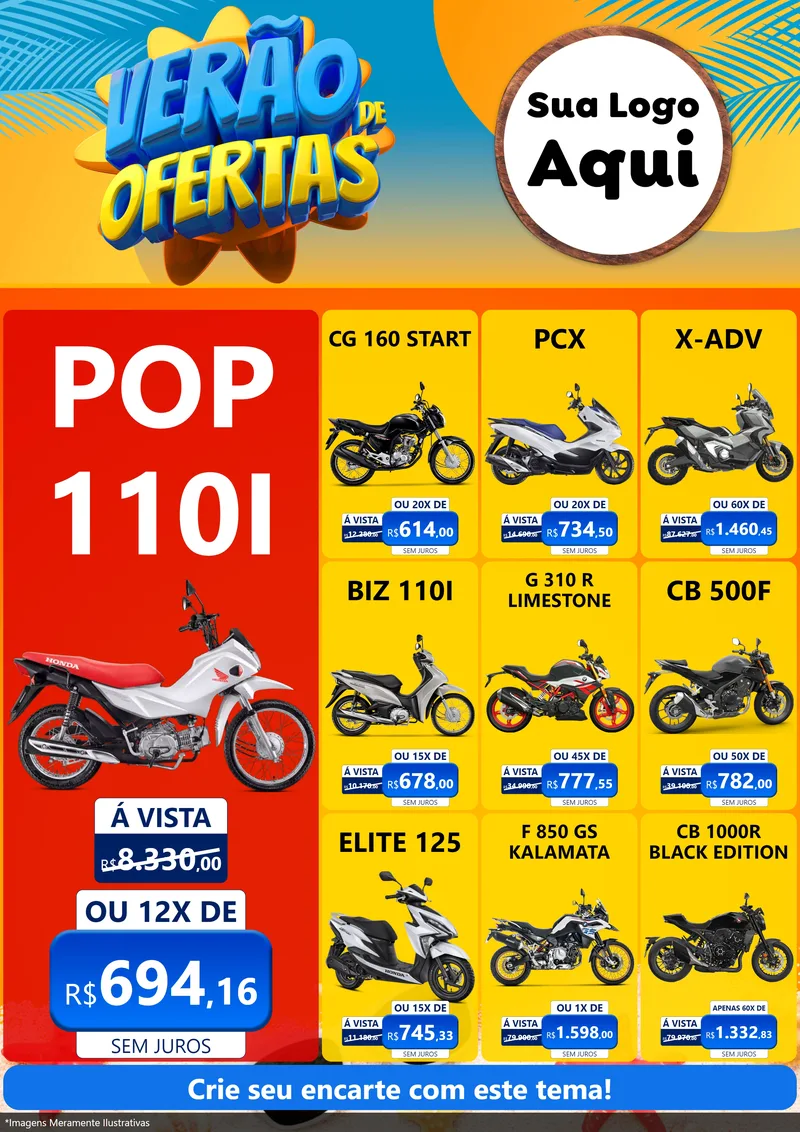Modelo de Encarte para Encarte A4 Vertical com o tema Verão de Ofertas para Concessionaria de Motos