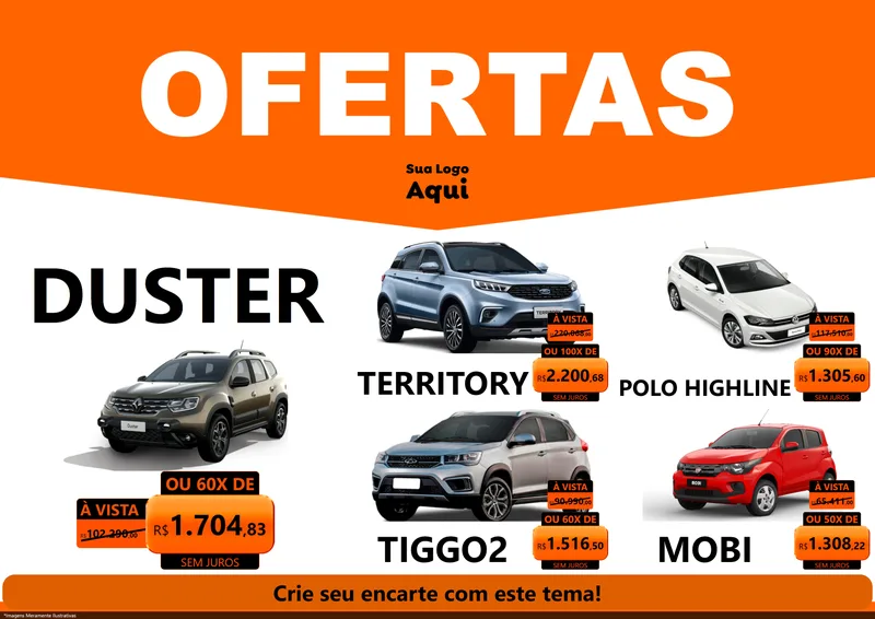 Modelo de Encarte para Encarte A4 Horizontal com o tema Ofertas Laranja Cartaz para Concessionaria de Carros