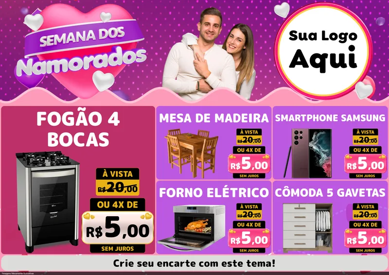Modelo de Encarte para Encarte A4 Horizontal com o tema Semana dos Namorados para Móveis e Eletro