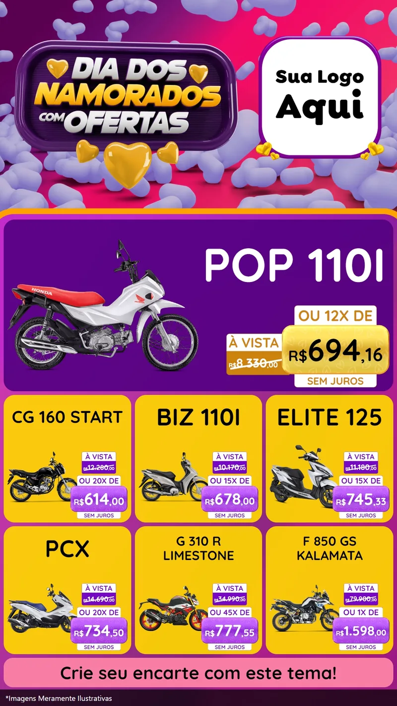 Modelo de Rede Social para Stories com o tema Dia Dos Namorados Com Ofertas para Concessionaria de Motos