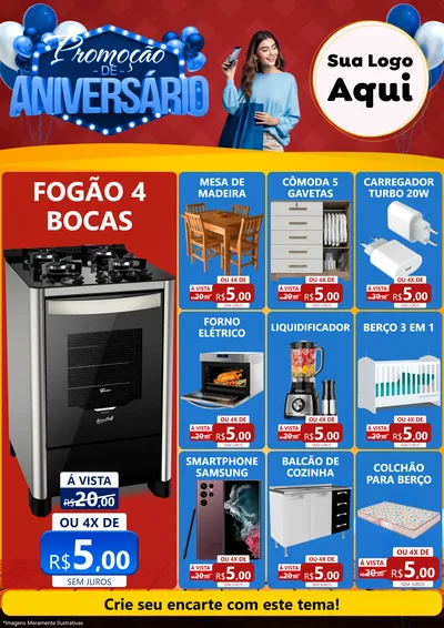 Modelo de Encarte para Encarte A4 Vertical com o tema Promoção de Aniversário para Móveis e Eletro