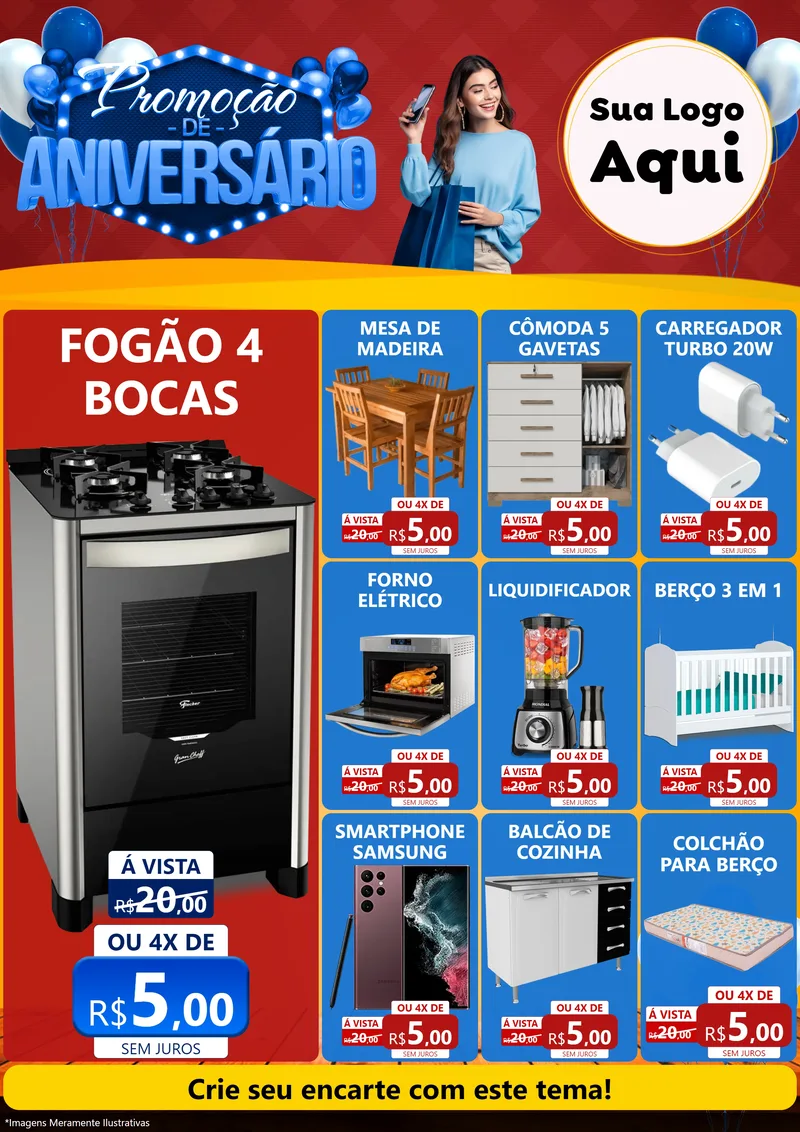 Modelo de Encarte para Encarte A4 Vertical com o tema Promoção de Aniversário para Móveis e Eletro