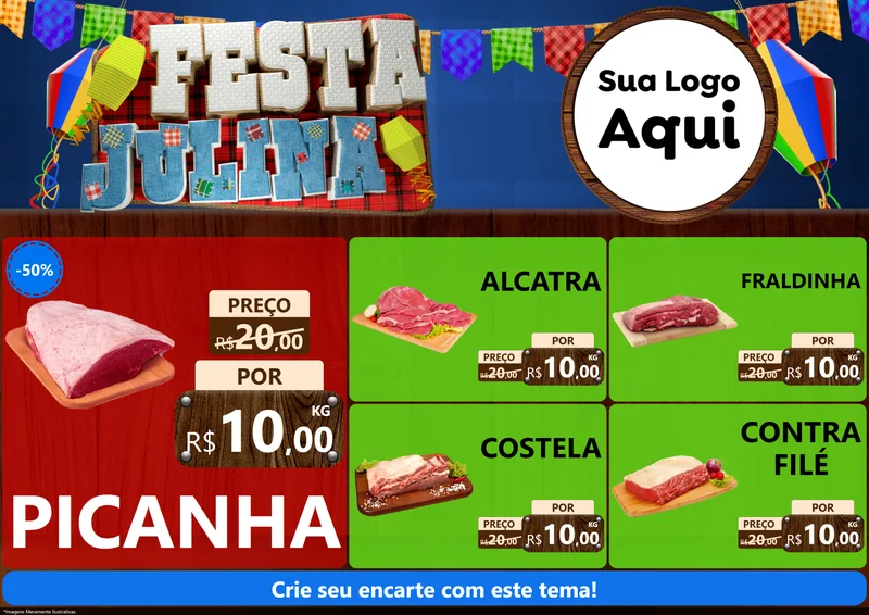Modelo de Encarte para Encarte A4 Horizontal com o tema Festa Julina para Açougue