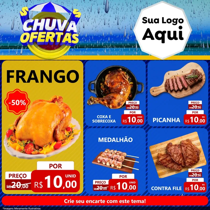 Modelo de Rede Social para Feed Facebook com o tema Chuva de Ofertas para Assados