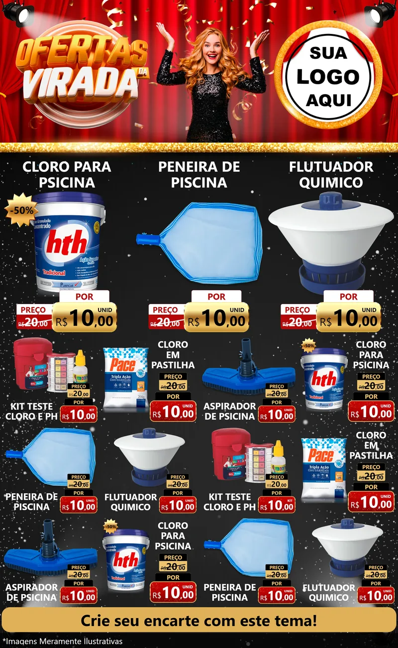 Modelo de Encarte para Encarte Grande com o tema Ofertas da Virada para Produtos para Piscina