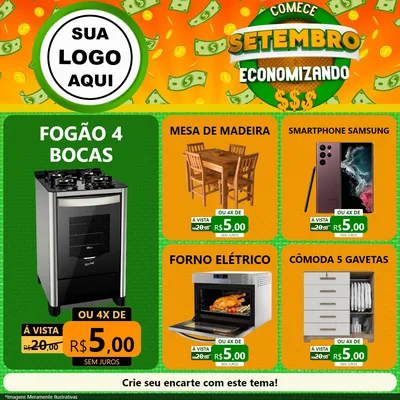 Modelo de Rede Social para Feed Facebook com o tema Comece Setembro Economizando para Móveis e Eletro