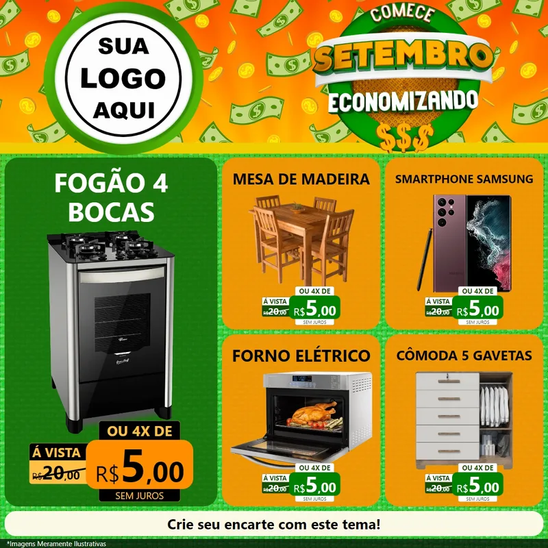 Modelo de Rede Social para Feed Facebook com o tema Comece Setembro Economizando para Móveis e Eletro