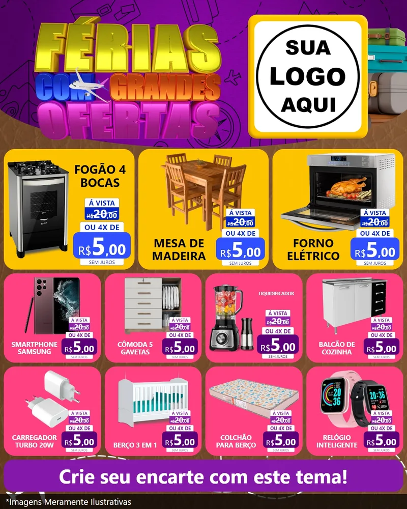 Modelo de Rede Social para Feed Instagram com o tema Férias com Grandes Ofertas para Móveis e Eletro