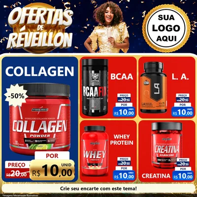Modelo de Rede Social para Feed Facebook com o tema Ofertas de Réveillon para Suplementos alimentares