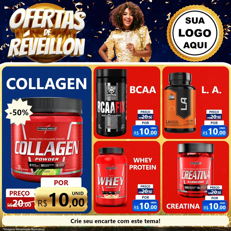 Modelo de Rede Social para Feed Facebook com o tema Ofertas de Réveillon para Suplementos alimentares