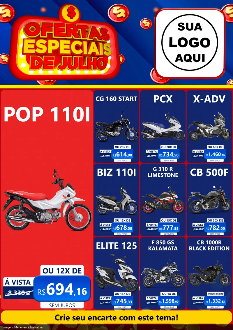 Modelo de Encarte para Encarte A4 Vertical com o tema Ofertas Especiais de Julho para Concessionaria de Motos