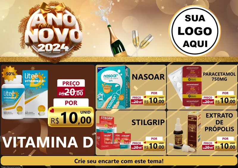 Modelo de Encarte para Encarte A4 Horizontal com o tema Feliz Ano Novo 2027 para Farmácia