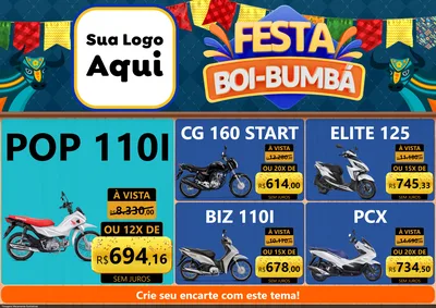 Modelo de Encarte para Encarte A4 Horizontal com o tema Festa Boi Bumbá para Concessionaria de Motos