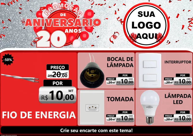 Modelo de Encarte para Encarte A4 Horizontal com o tema Promoção de Aniversário - 20 Anos para Materiais Elétricos