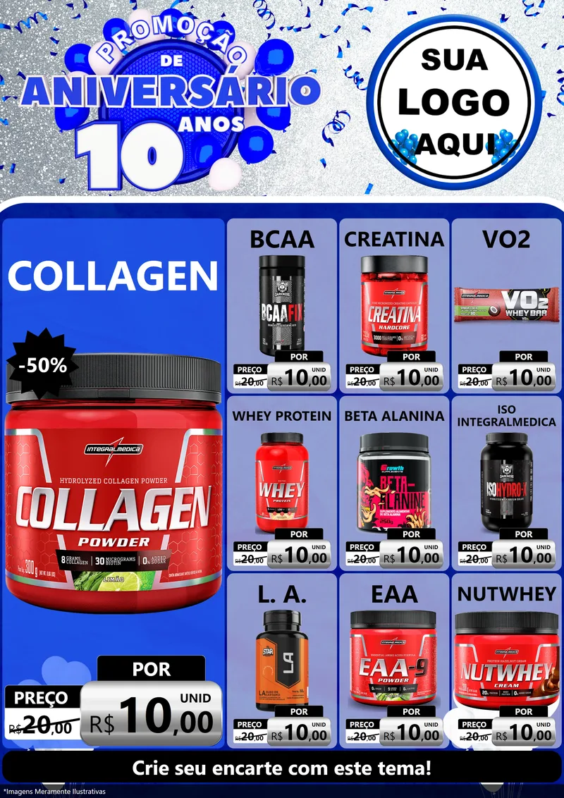 Modelo de Encarte para Encarte A4 Vertical com o tema Promoção de Aniversário - 10 Anos para Suplementos alimentares