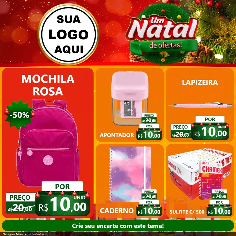 Modelo de Rede Social para Feed Facebook com o tema Um Natal de Ofertas para Papelaria