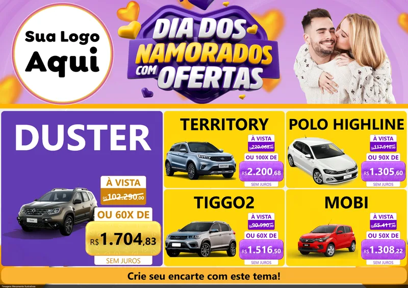 Modelo de Encarte para Encarte A4 Horizontal com o tema Dia Dos Namorados Com Ofertas para Concessionaria de Carros