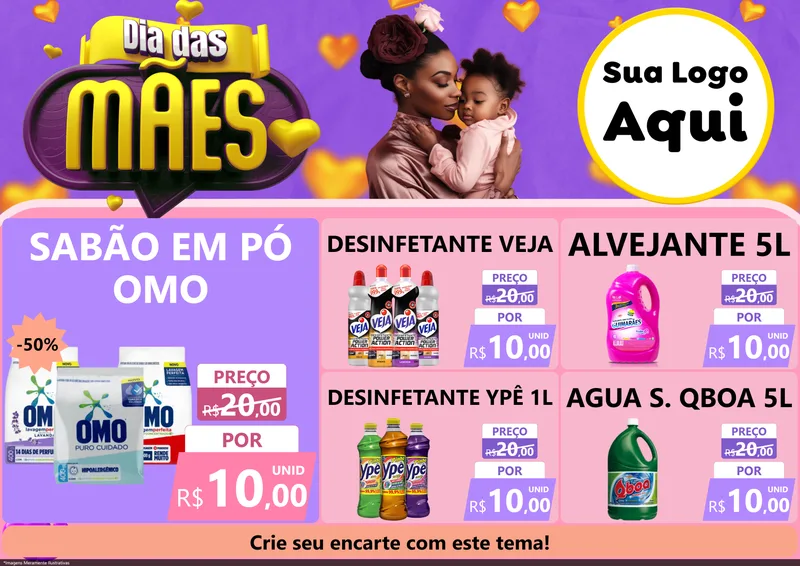Modelo de Encarte para Encarte A4 Horizontal com o tema Dia das Mães para Produtos de Limpeza