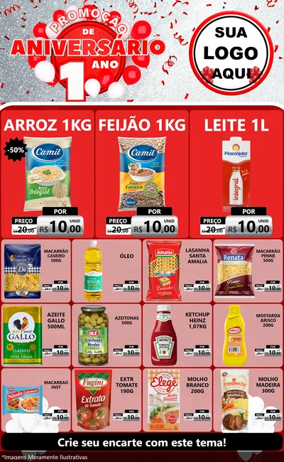 Modelo de Encarte para Encarte Grande com o tema Promoção de Aniversário - 1 Ano para Supermercado