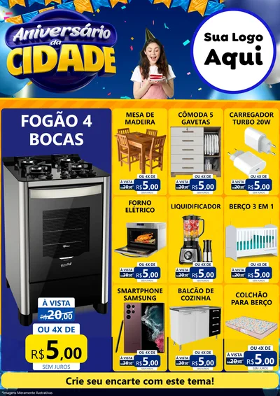 Modelo de Encarte para Encarte A4 Vertical com o tema Aniversário da Cidade para Móveis e Eletro