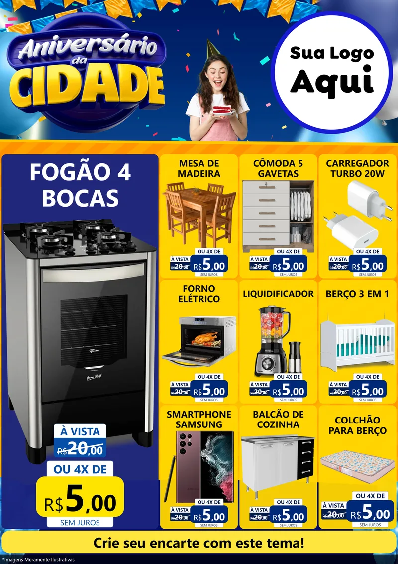 Modelo de Encarte para Encarte A4 Vertical com o tema Aniversário da Cidade para Móveis e Eletro