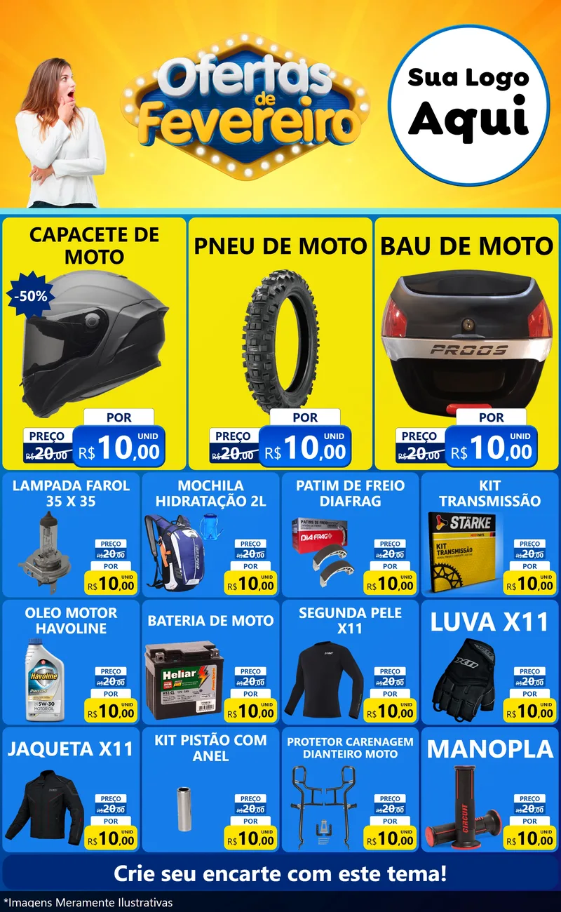 Modelo de Encarte para Encarte Grande com o tema Ofertas de Fevereiro para Moto peças