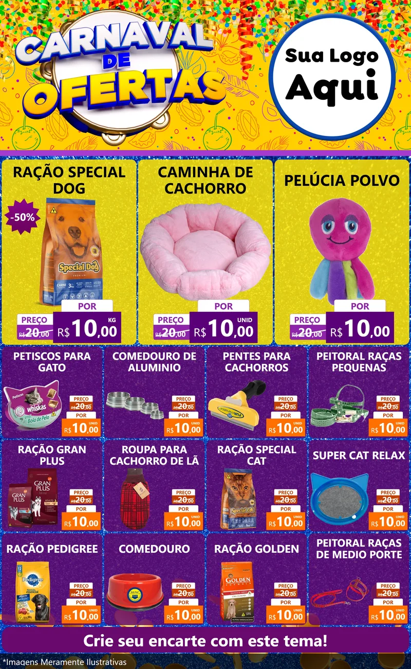 Modelo de Encarte para Encarte Grande com o tema Carnaval de Ofertas para Pet Shop