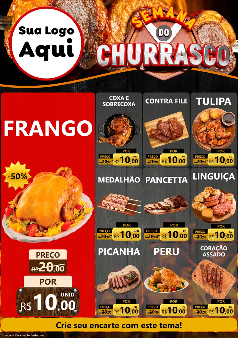 Modelo de Encarte para Encarte A4 Vertical com o tema Semana do Churrasco para Assados