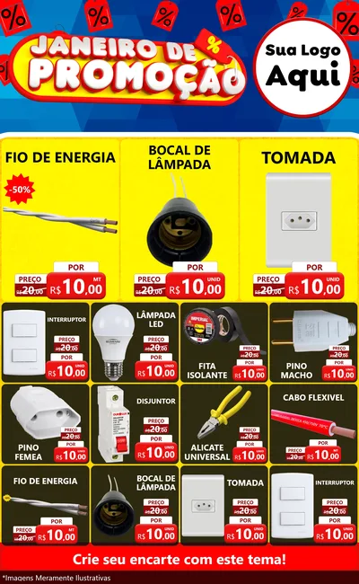 Modelo de Encarte para Encarte Grande com o tema Janeiro de Promoção para Materiais Elétricos