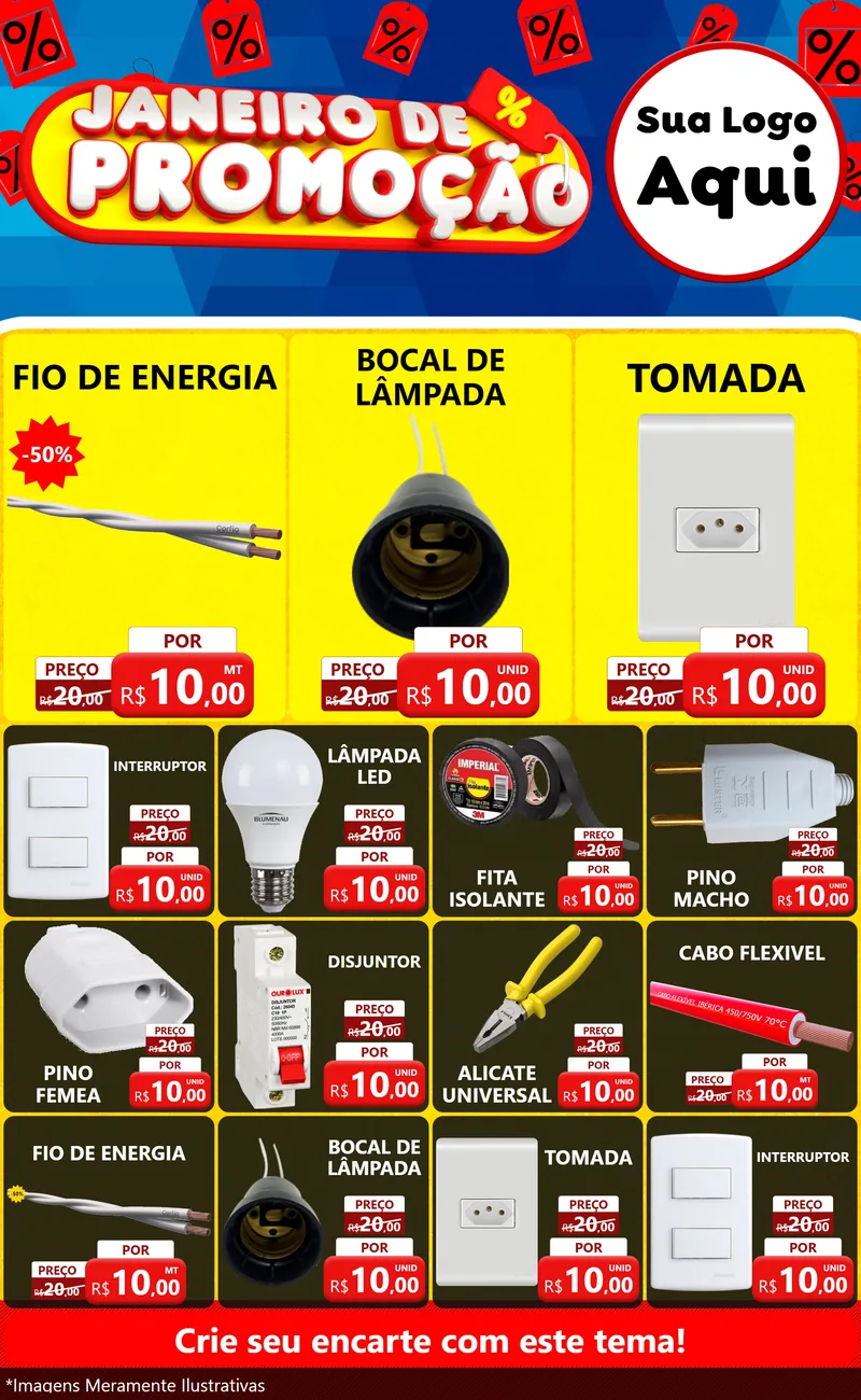 Modelo de Encarte para Encarte Grande com o tema Janeiro de Promoção para Materiais Elétricos