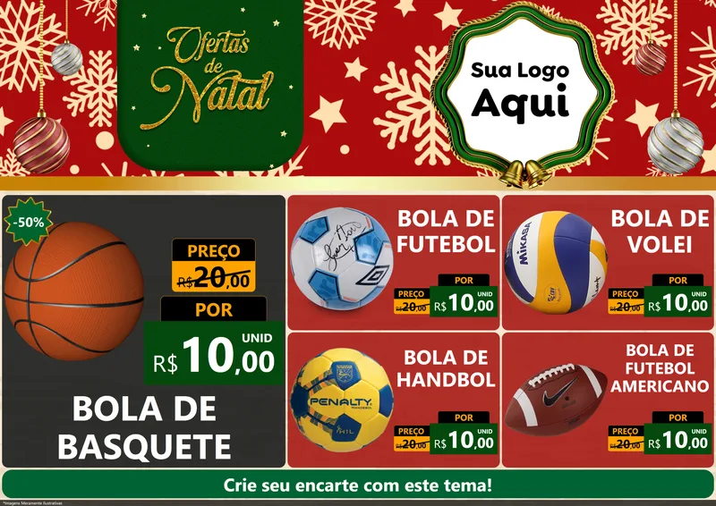 Modelo de Encarte para Encarte A4 Horizontal com o tema Natal de Ofertas para Artigos Esportivos