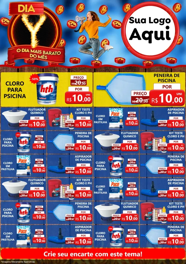 Modelo de Encarte para Encarte A4 Vertical com o tema Dia Y - O Dia Mais Barato Do Mês para Produtos para Piscina