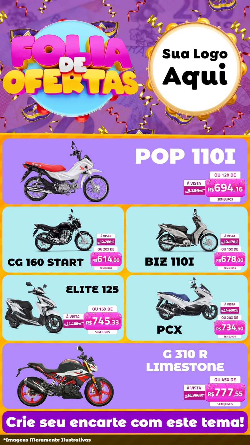 Modelo de TV para TV Vertical com o tema Folia de Ofertas para Concessionaria de Motos