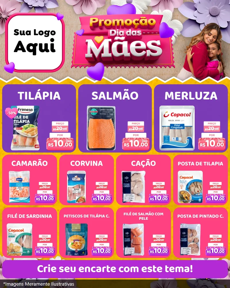 Modelo de Rede Social para Feed Instagram com o tema Promoção Dia das Mães para Peixaria