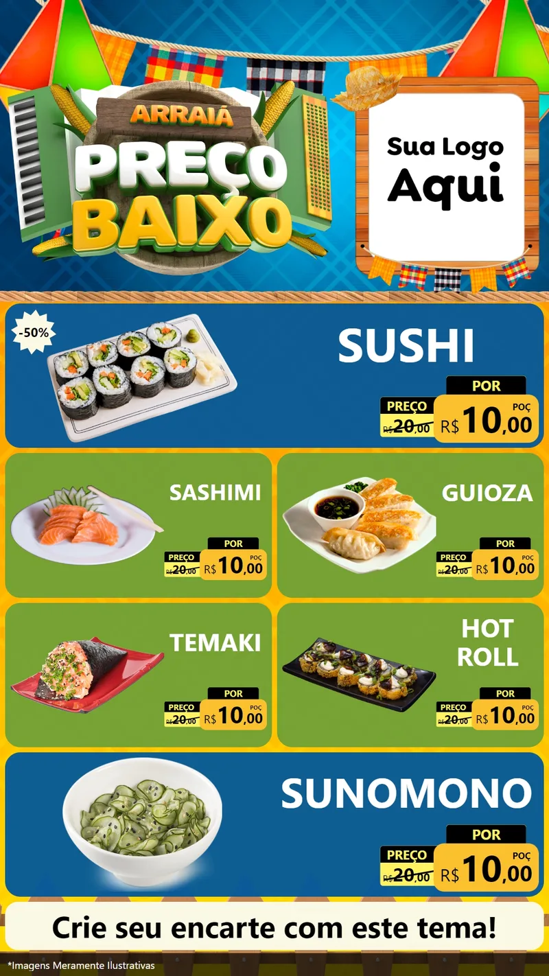 Modelo de TV para TV Vertical com o tema Arraiá de Preço Baixo - Junina para Comida japonesa