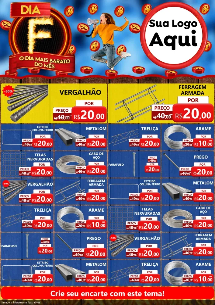 Modelo de Encarte para Encarte A4 Vertical com o tema Dia F - O Dia Mais Barato Do Mês para Ferragens