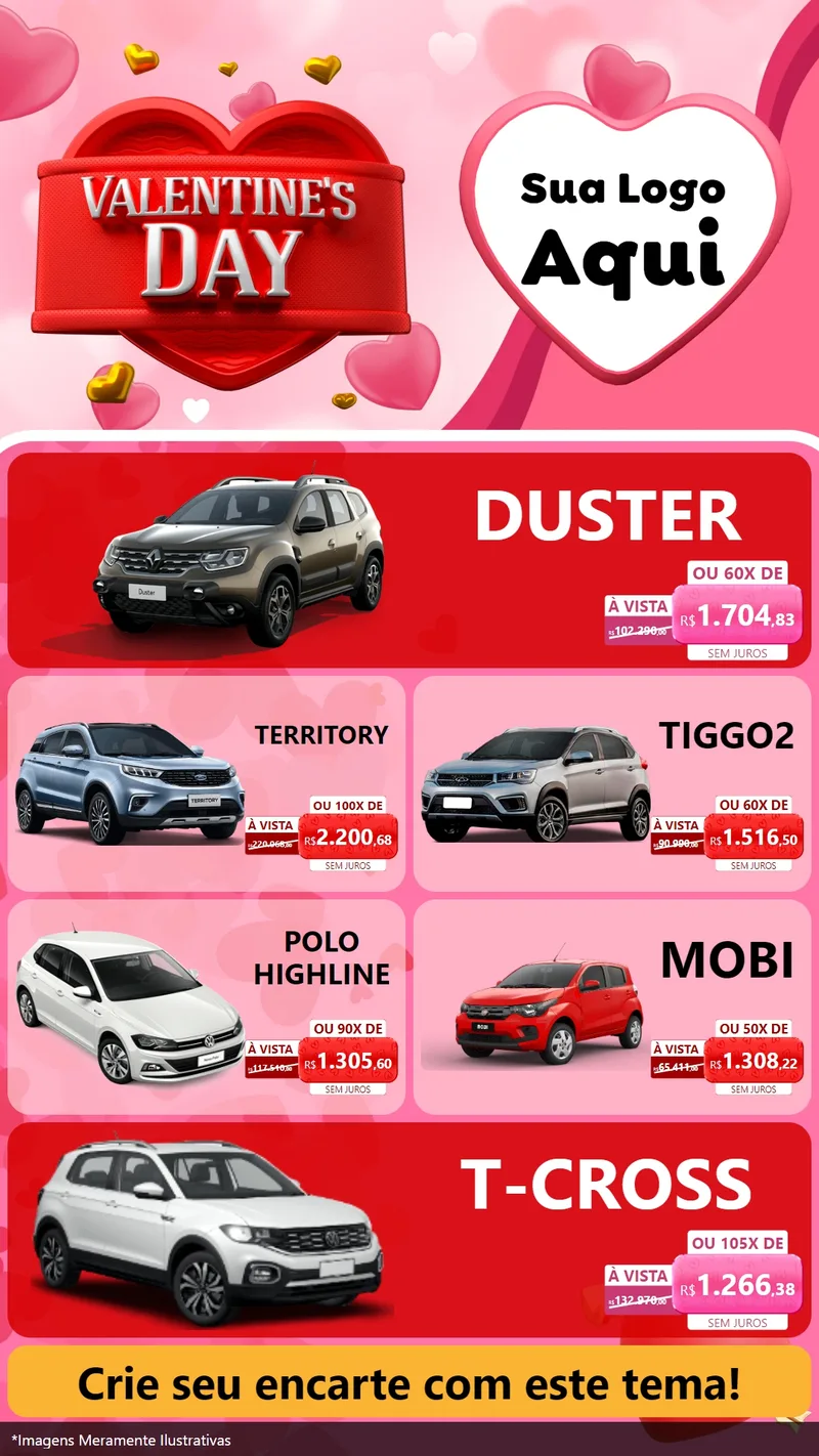 Modelo de TV para TV Vertical com o tema Valentine's Day para Concessionaria de Carros