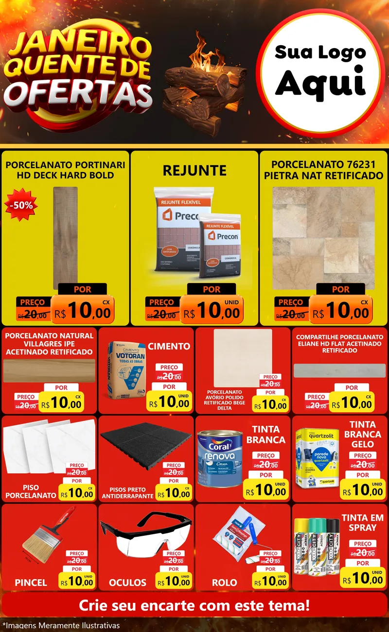 Modelo de Encarte para Encarte Grande com o tema Janeiro Quente de Ofertas para Pisos e revestimentos