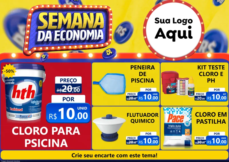 Modelo de Encarte para Encarte A4 Horizontal com o tema Semana da Economia para Produtos para Piscina