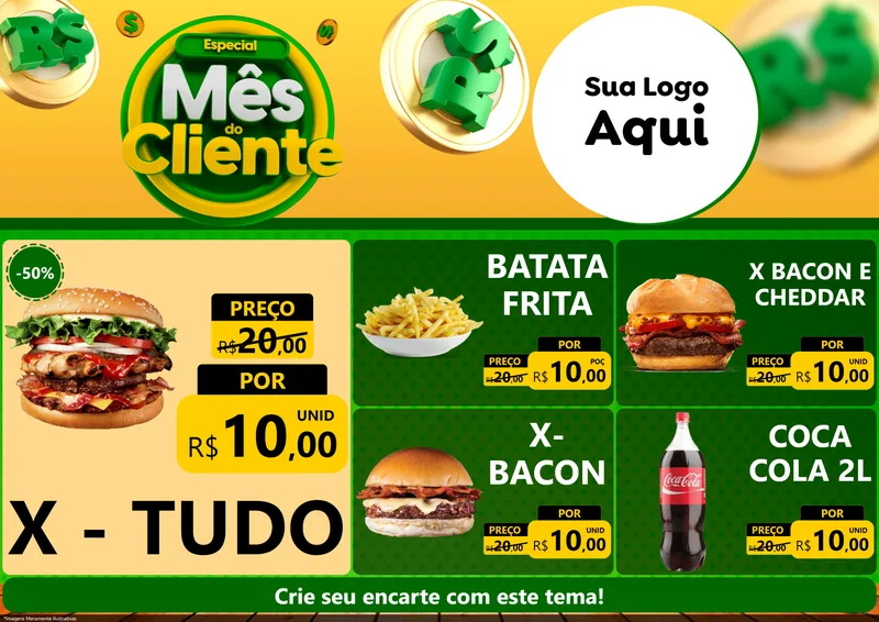 Modelo de Encarte para Encarte A4 Horizontal com o tema Especial Mês do Cliente para Hamburgueria
