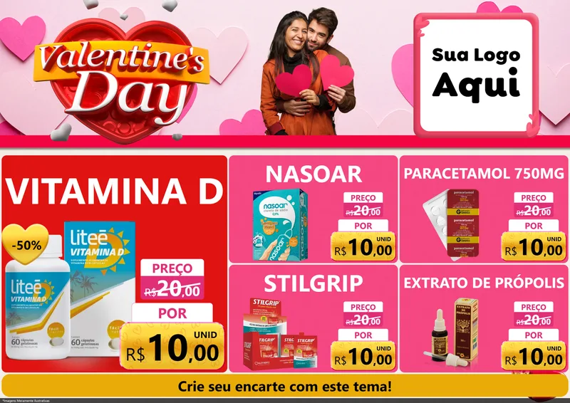 Modelo de Encarte para Encarte A4 Horizontal com o tema Valentine's Day para Farmácia