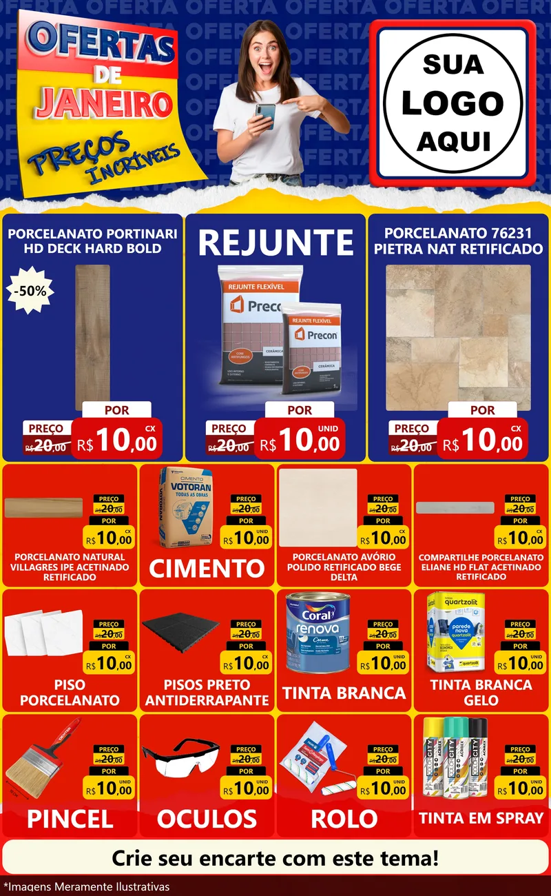 Modelo de Encarte para Encarte Grande com o tema Ofertas de Janeiro - Preços Incríveis para Pisos e revestimentos