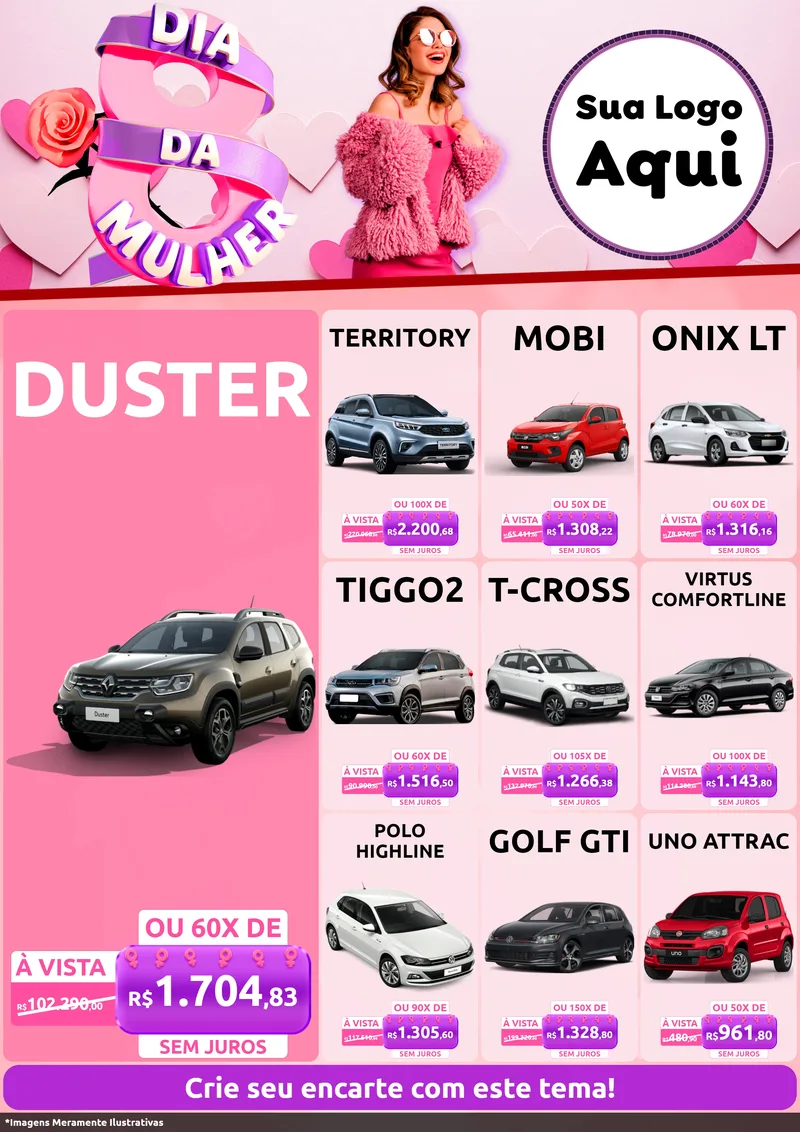 Modelo de Encarte para Encarte A4 Vertical com o tema Dia da Mulher para Concessionaria de Carros