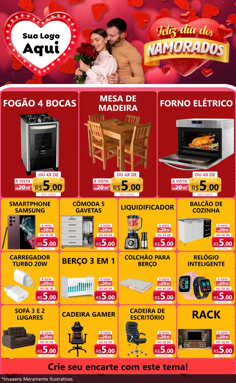 Modelo de Encarte para Encarte Grande com o tema Feliz Dia Dos Namorados para Móveis e Eletro