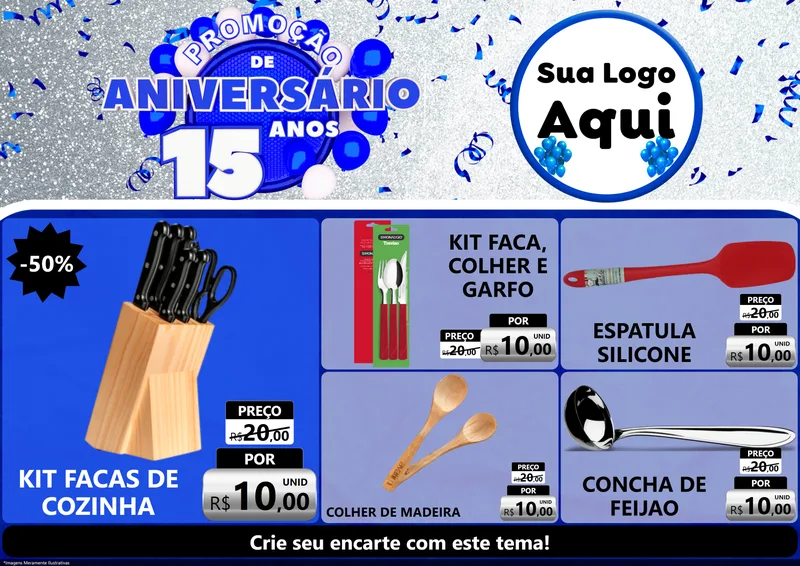 Modelo de Encarte para Encarte A4 Horizontal com o tema Promoção de Aniversário - 15 Anos para Utilidades Domésticas